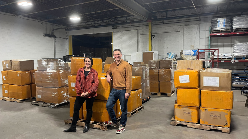 Alicia Dietz and Andy Langsam at the Dynamic Advertising Solutions warehouse in East Falls.