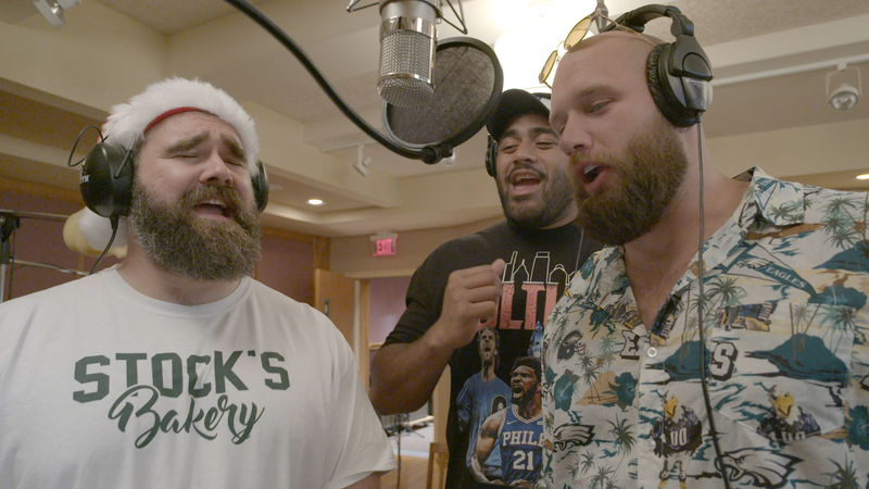 From left to right: Jason Kelce, Jordan Mailata, and Lane Johnson.