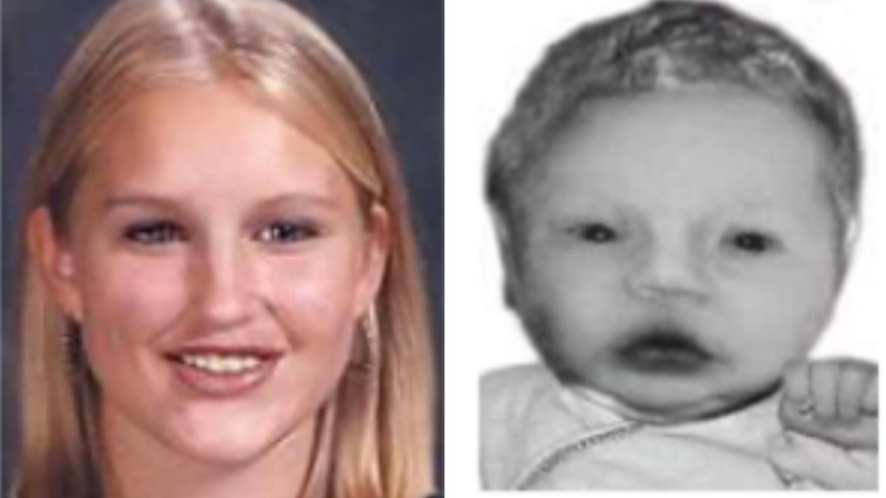 Composite of what the baby's mother would have looked like (left) and a reconstruction of the baby (right).