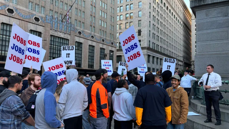 Supporters of the proposed 76ers arena demonstrate outside of City Hall on Oct. 24, 2024.