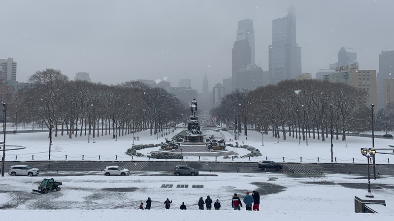 Snow falling at Eakins Oval on Jan. 6, 2025.