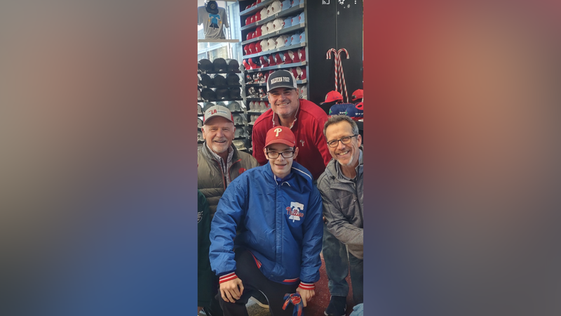 James Oswald (front center) with Phillies broadcasters Larry Andersen, Ben Davis and Scott Franzke.