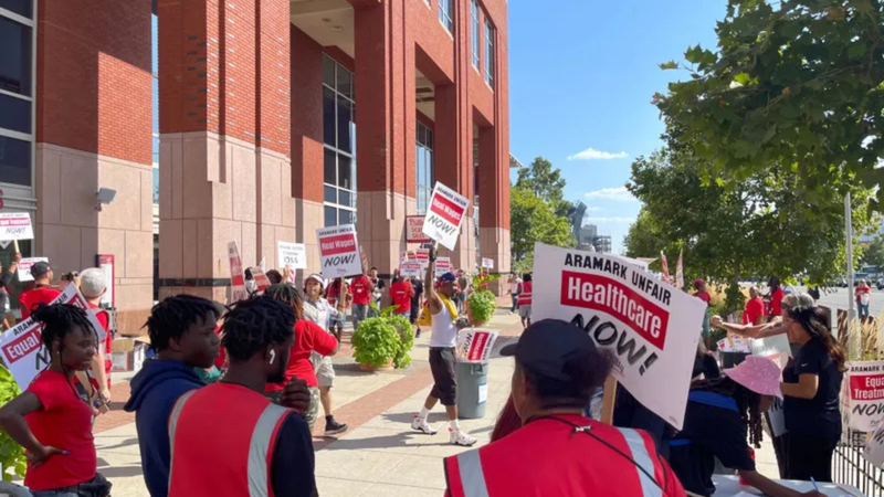 Aramark workers striking outside the Bruce Springsteen concert on Aug. 23, 2024. A tentative contract agreement was reached on March 31, 2025.