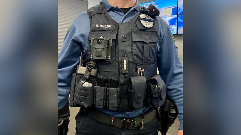 Tourniquet and Narcan pouch is below the officer’s body worn camera