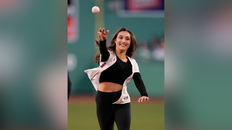 MIT women's soccer graduate student Karenna Groff throws a ball prior to a baseball game at Fenway Park, Monday, April 3, 2023, in Boston.