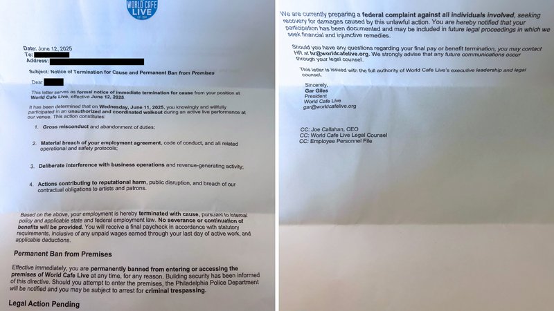 World Cafe Live termination letter