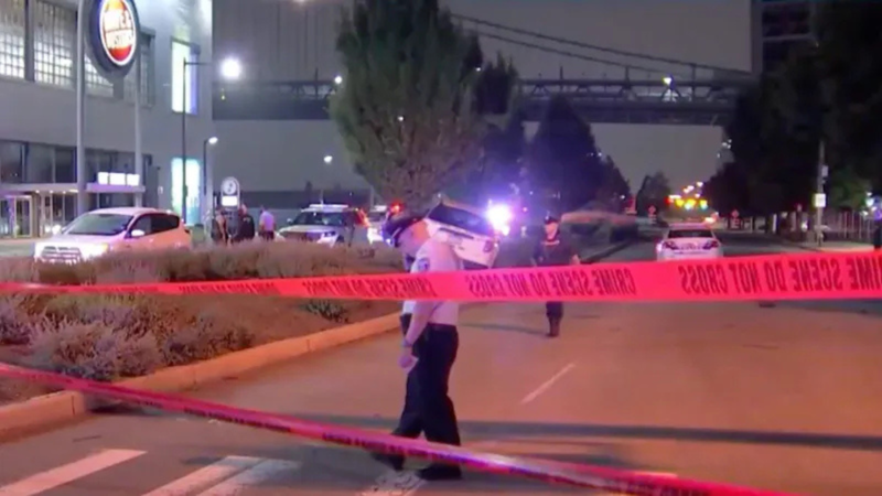 Crime scene outside Dave and Buster's on June 29, 2025 where a Philadelphia school district safety officer was shot in the face
