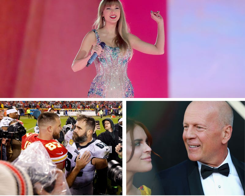 Clockwise from top left: Taylor Swift, Bruce and Tallulah Willis, Jason and Travis Kelce