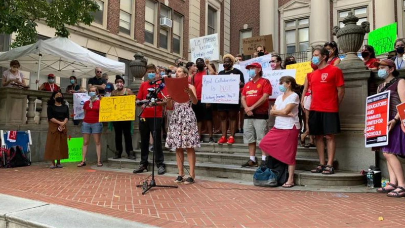 Teachers demonstrate outside Masterman School in August 2021 over asbestos concerns.