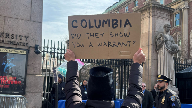 Protesters gather outside Columbia University on Thursday, Feb. 26, to condemn the detention of student Ellie Aghayeva by ICE agents.
