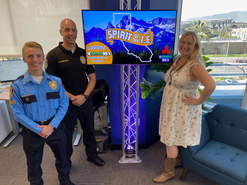 Riverside Police Detective Scott Greenhalgh, Riverside Police Explorer Cody Levien, and K-Frog's Pepper