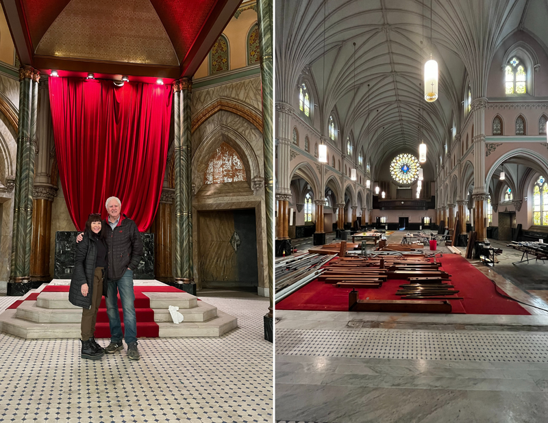 left: pic of the Schuchards in the church. right: inside of the church -- high vaulted ceilings, a round stained glass window. deconstructed pews lay on the ground