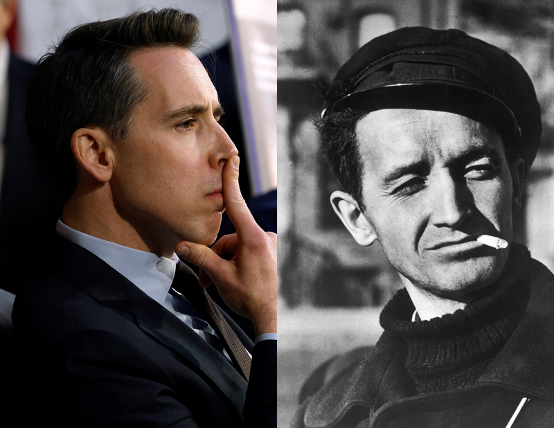 left: photo of mo senator josh hawley with his finger on his nose. right: old b&w photo of woody guthrie wearing a cap and smoking a cigarette