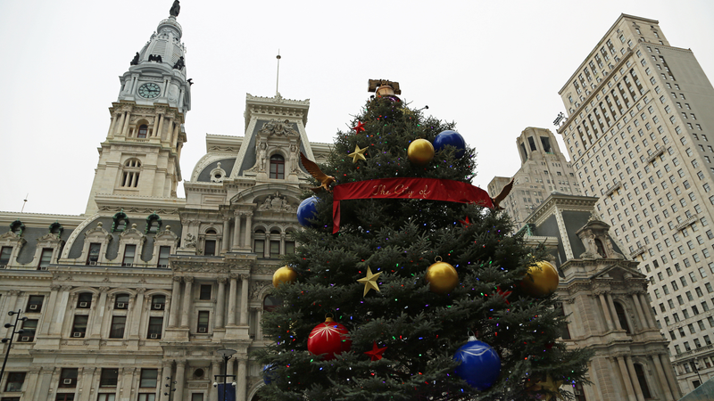 Christmas tree and City Hall - stock photo