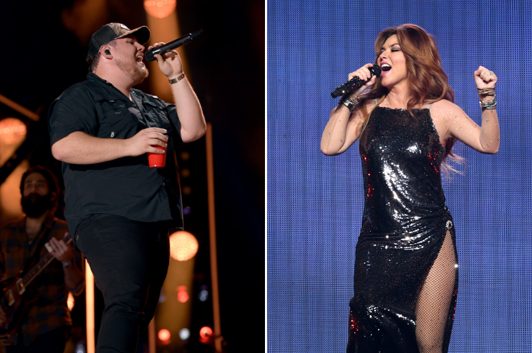 Luke Combs, Shania Twain perform on-stage.
