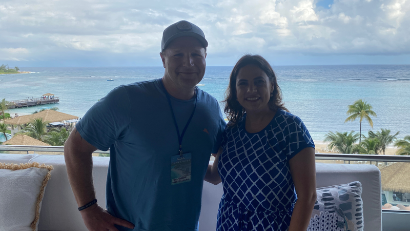 Bill Tafrow speaks with Marvin Alvarez of American Airlines at Sandals® Dunn's River