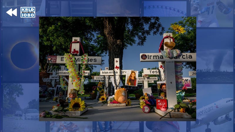 A memorial dedicated to the 19 children and two adults murdered on May 24, 2022 during the mass shooting at Robb Elementary School is seen on May 24, 2023 in Uvalde, Texas.