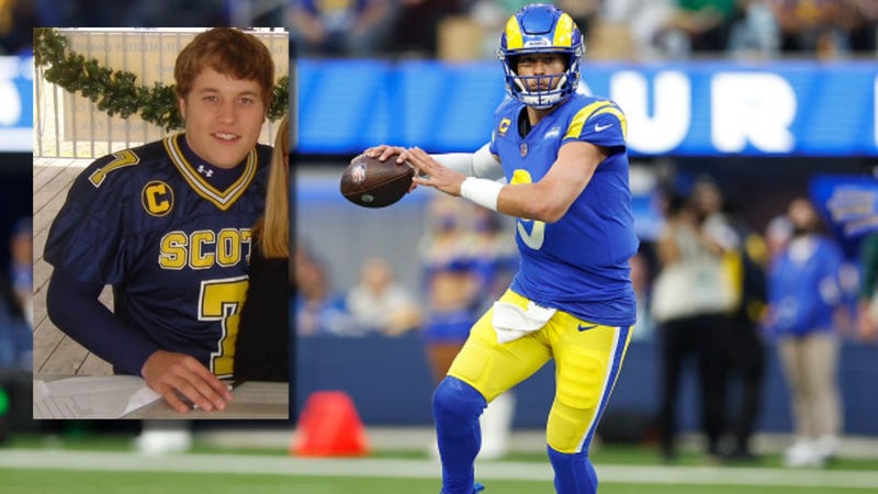 Matthew Stafford #9 of the Los Angeles Rams passes the ball during the NFC Championship Game against the San Francisco 49ers at SoFi Stadium on Jan. 30, 2022 in Inglewood, California. Inset, a photo of Stafford from his days at Highland Park High School.
