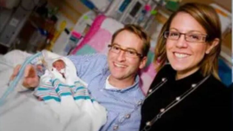 Martha and Paul Sharkey holding their baby, Claire, at Abington Hospital NICU in 2010.