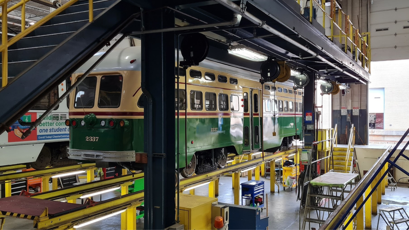 PCC trolley cars being refurbished at SEPTA's Woodland maintenance facility