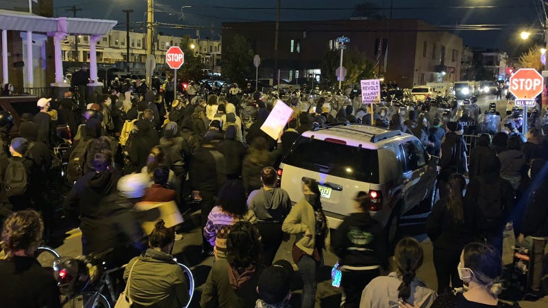 Protesters in West Philadelphia Tuesday night following the shooting death of Walter Wallace Jr. 