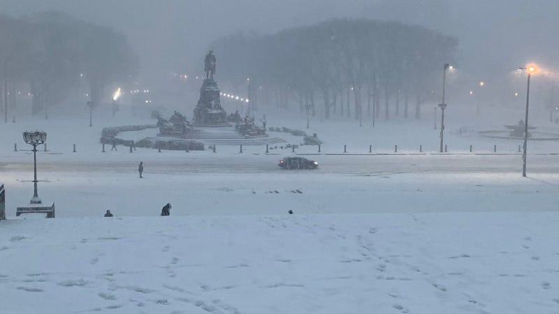 Snow covers the Philadelphia Museum of Art steps as the region experiences its first big winter storm of the season.
