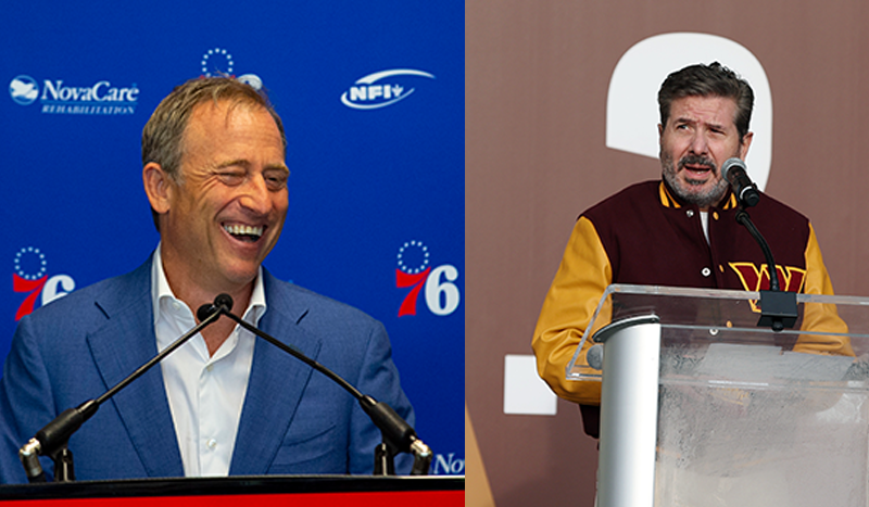 Left: Owner of the Philadelphia 76ers, Joshua Harris, speaks at the podium in front of team logo step-and-repeat. Right: Washington Commanders team owner Dan Snyder makes an annoucement. Standing behind a podium in front of a large banner in team colors, maroon and gold.