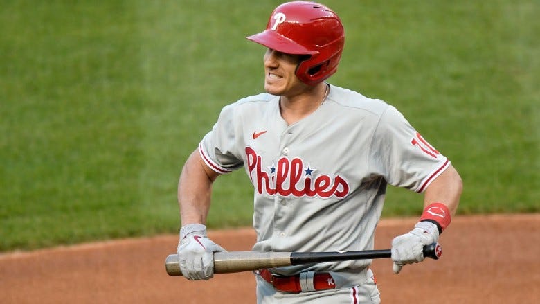 J.T. Realmuto #10 of the Philadelphia Phillies reacts after striking out in the first inning against the Washington Nationals