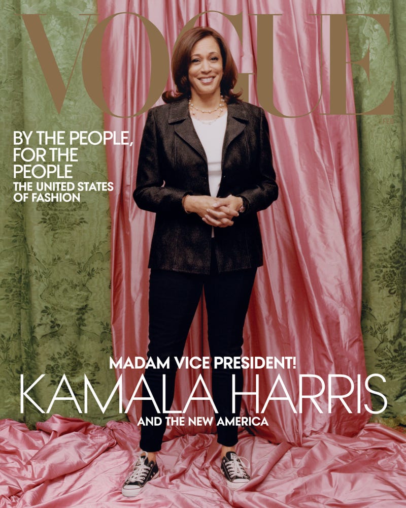 Against colors inspired by those of her Howard university sorority, Alpha Kappa Alpha, Vice President–elect Kamala Harris wears a Donald Deal jacket and Converse sneakers on the February 2021 cover of Vogue.