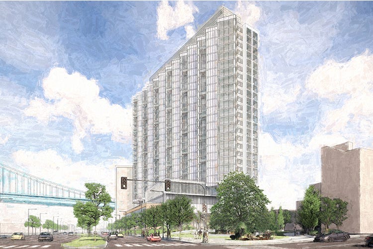 A new mixed-use development, built by New York City developer The Durst Organization, is going up over the site of a historic shipyard at Vine Street and Columbus Boulevard.