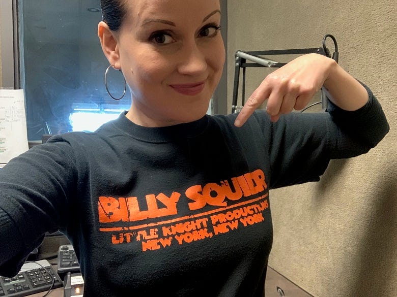 Liss wearing her Billy Squier concert t-shirt
