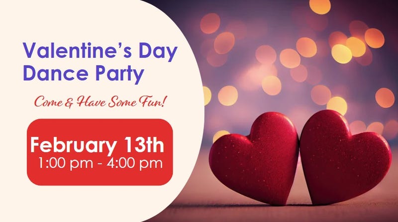 Valentine's Day Dance Party flyer with two red hearts leaning against each other