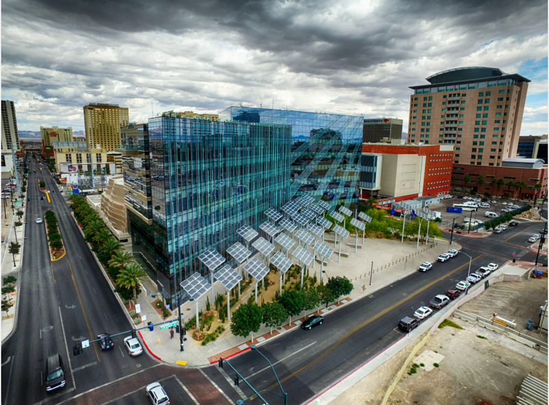 An aerial view of several blocks in downtown Las Vegas