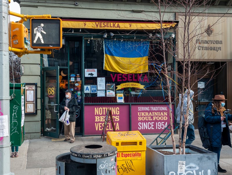 Lines of people outside Veselka Ukrainian restaurant in the East Village neighborhood of New York in New York on Saturday, March 5, 2022. Supporters of Ukraine are showing their support for the besieged country and are visiting businesses in the East Village neighborhood known as Little Ukraine.
