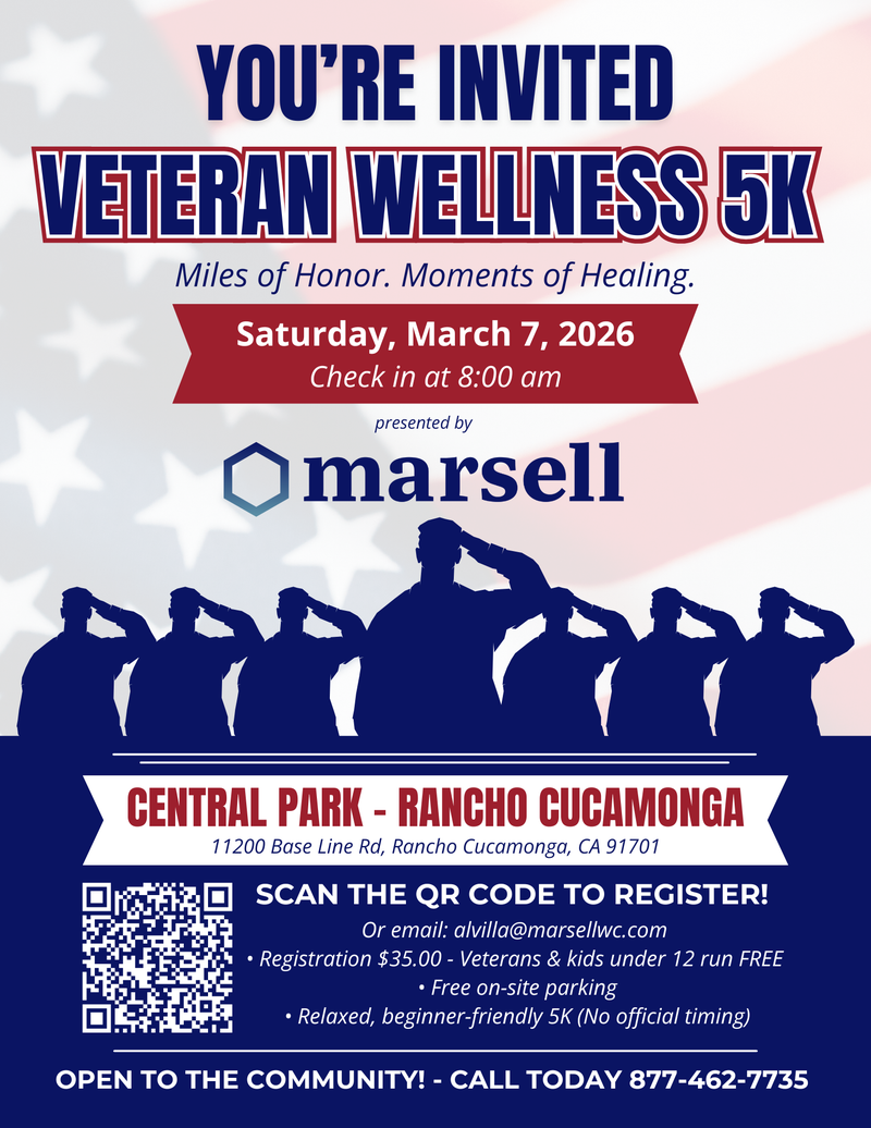 Marcell Wellness Center Veteran 5k and Resource Fair flyer with silhouettes of saluting soldiers