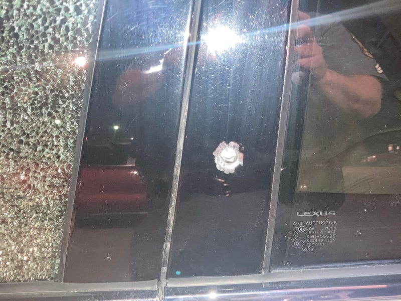 Bullet hole and shattered window from one of two interstate shootings.