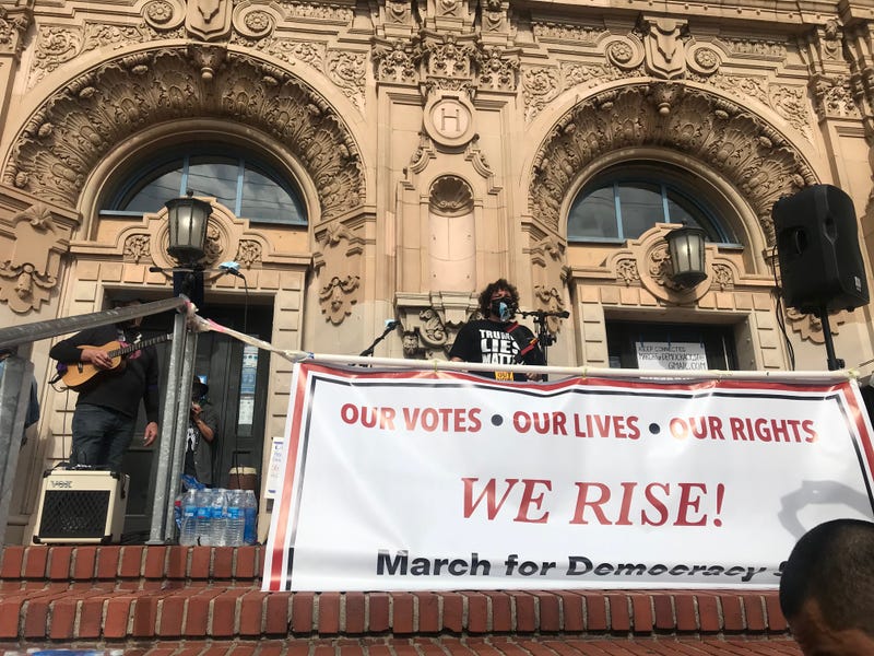 Speakers at a rally against President Trump's election rhetoric in San Francisco