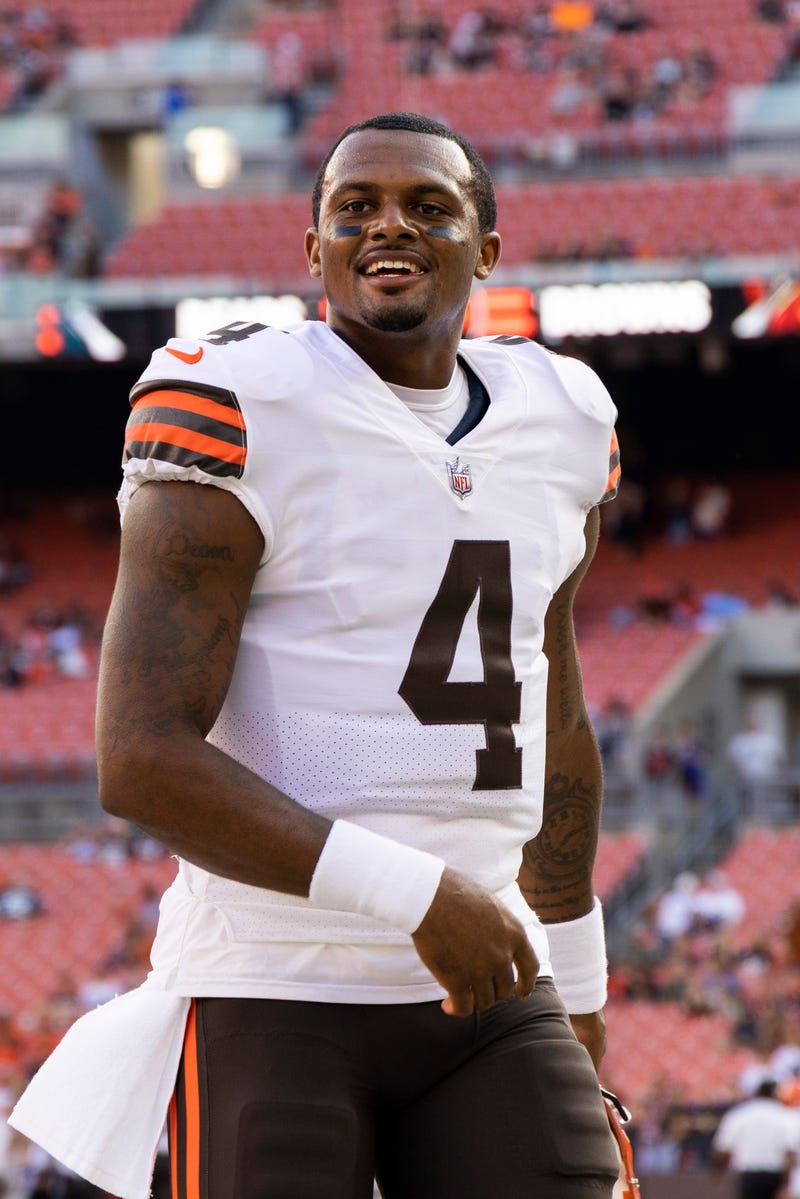 Aug 27, 2022; Cleveland, Ohio, USA; Cleveland Browns quarterback Deshaun Watson (4) on the sideline before the game against the Chicago Bears at FirstEnergy Stadium.