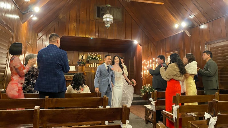 Gabriel and Rosslyn Lopez marry at Little Church of the West as part of the “Vegas Marries the Military” Campaign in 2024.