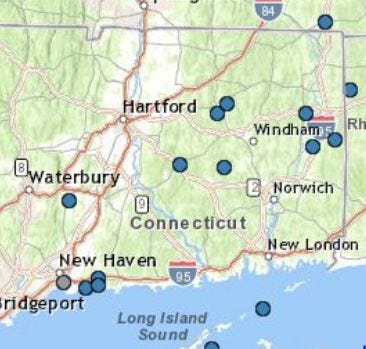 Blue dots represent reports of storm/wind damage, 11/13/21