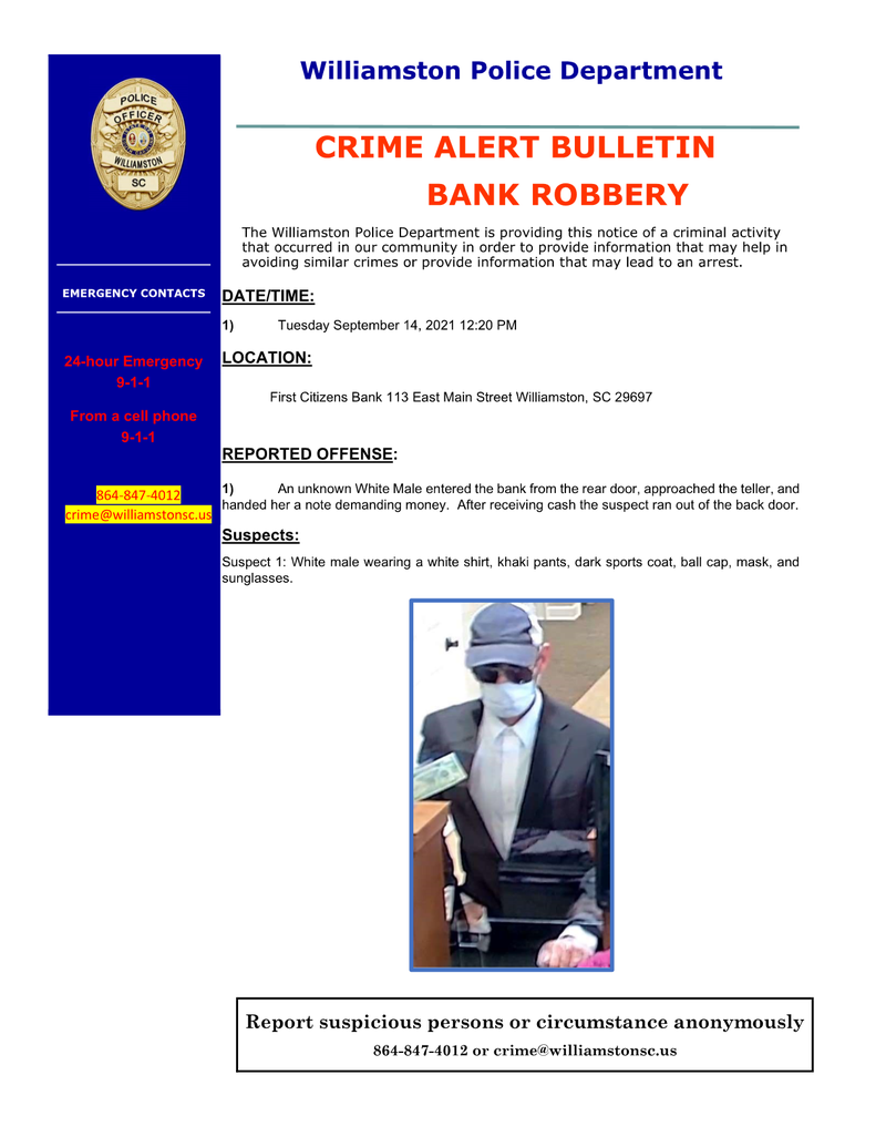 Williamston Police Department Facebook post on bank robbery suspect