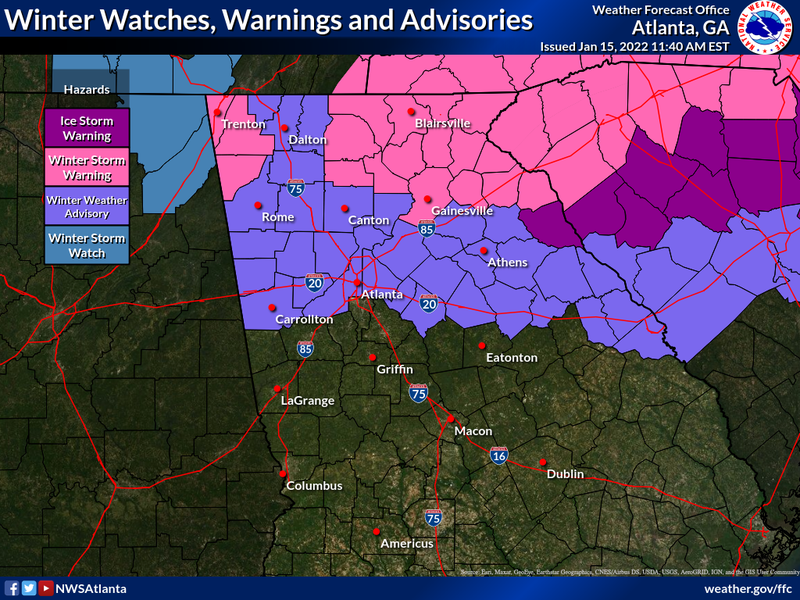 Winter storm watches, warnings, and advisories are in effect for north Georgia
