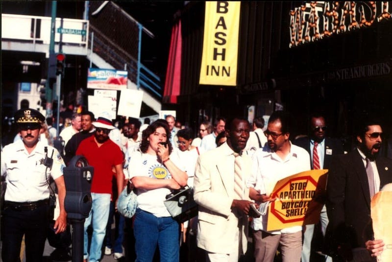 Activists demonstrate in the 1980s in Chicago's Loop