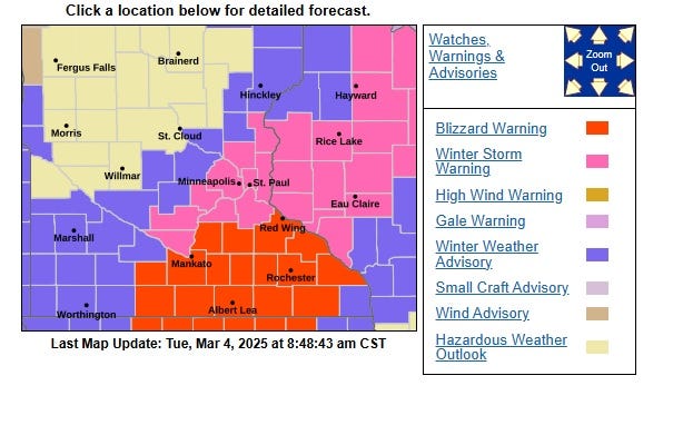 A winter storm warning goes into effect later Tuesday with the Twin Cities metro expected to deal with some wintery conditions. For areas south and east of the metro, it's a blizzard warning due to some very high winds.