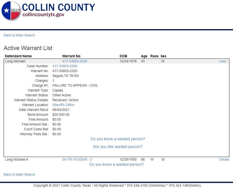 Collin County Warrant for Michael Long