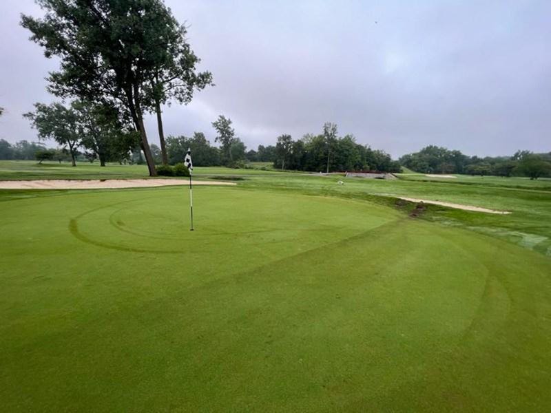 Damage caused by vandals who rode a golf cart onto the Dearborn Heights Warren Valley Golf Course