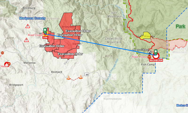 The Washburn and Oak fires are burning fewer than 20 miles from one another.