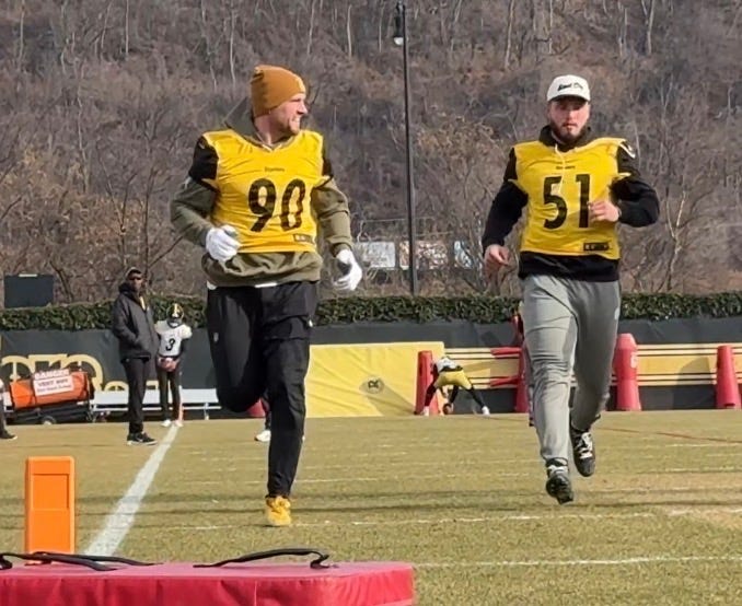TJ Watt and Nick Herbig at practice