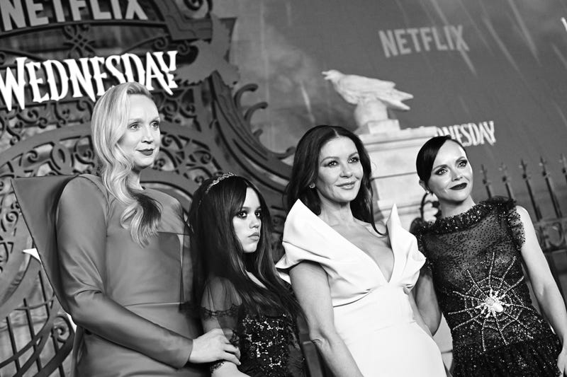 (L-R) Gwendoline Christie, Jenna Ortega, Catherine Zeta-Jones and Christina Ricci attend the world premiere of Netflix's "Wednesday" on November 16, 2022 in Los Angeles, California.