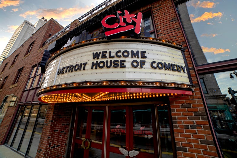 The front of a building with a marquee that says, "WELCOME DETROIT HOUSE OF COMEDY"
